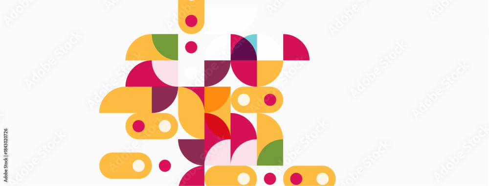Fototapeta premium Abstract geometric shapes, vibrant colors, playful composition. Circles, semicircles, dots create dynamic visual texture. Modern design.