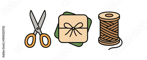 Flat vector illustration of zero waste wrapping station: scissors fabric squares and twine spool rounded shapes clean outline clean white background