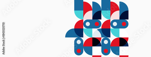 Abstract geometric shapes, blue, red, turquoise. Minimalist design, clean lines, modern aesthetic. Composition features overlapping forms.