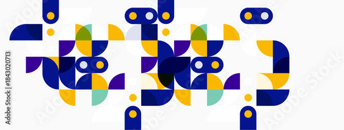 Abstract geometric shapes, vibrant colors, modern design. Composition features repeating patterns, playful forms, clean aesthetic.