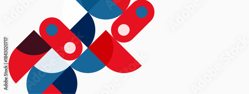 Abstract geometric shapes overlap, creating dynamic composition. Red, navy, pink hues dominate white background. Modern design elements present.