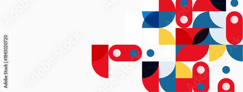 Abstract geometric shapes, vibrant colors, modern design. Composition features circles, semicircles, rectangles, playful arrangement.