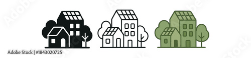 Flat vector illustration green city icons buildings trees and solar roofs soft rounded shapes clean outline one black and white flat version one outline version one color version cozy eco