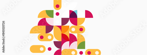 Abstract geometric shapes, vibrant colors, playful composition. Circles, semicircles, dots create dynamic visual texture. Modern design.
