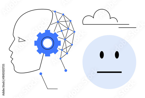 Artificial intelligence, human-machine interaction, neural networks, robotics, data analysis, technology development. Human head with gear and network lines, neutral face and cloud. Artificial