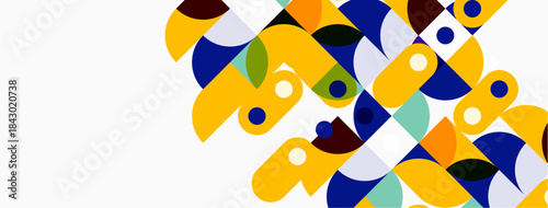 Abstract geometric shapes overlap, creating vibrant color patterns. Yellow dominates, contrasted by blue, green, brown tones. Minimalist design.