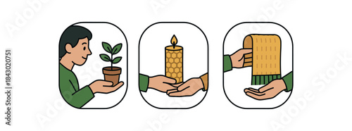 Flat vector illustration of eco gift exchange: person giving small plant beeswax candle and knitted scarf rounded shapes clean outline clean white background