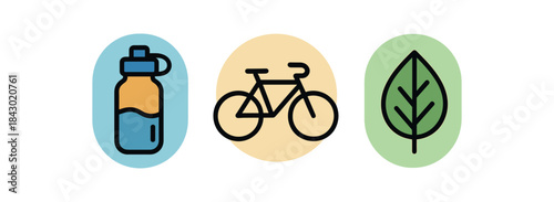Flat vector illustration of New Year resolution icons: reusable bottle bicycle and green leaf rounded shapes clean outline clean white background