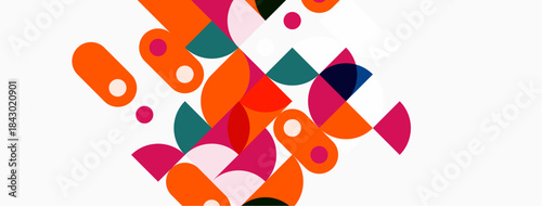 Abstract geometric shapes overlap, creating vibrant colorful composition. Circles, semicircles, ovals dominate design. Modern aesthetic.