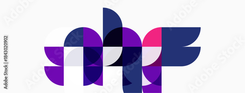 Abstract geometric shapes overlap, creating vibrant purple, pink, navy composition. Clean design, modern aesthetic, simple background.