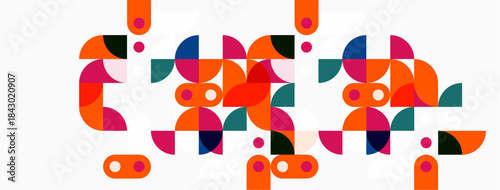 Abstract geometric shapes, vibrant colors, playful composition. Modern design, clean lines, simple forms create visual interest.