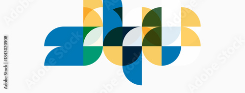 Abstract geometric shapes overlap, creating colorful patterns. Blue, green, yellow tones dominate composition. Modern design element.