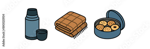 Flat vector illustration of outdoor winter picnic: thermos wool blanket and cookies tin rounded shapes clean outline clean white background