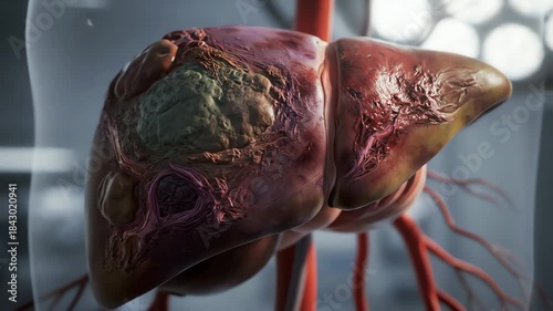 A detailed 3D medical animation illustrating the growth of a cancerous tumor on a diseased human liver