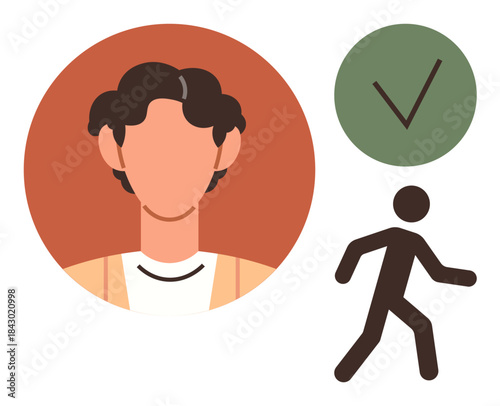 Minimalistic male profile avatar alongside a green checkmark and walking figure. Ideal for identity confirmation, user verification, approval processes, personal profile, movement, decision-making