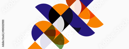 Abstract geometric composition. Overlapping circles create dynamic visual effect. Orange, purple, green hues dominate design. Minimalist style.