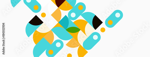 Abstract geometric shapes overlap, creating dynamic composition. Colors include teal, gold, brown, green, white. Minimalist design, modern aesthetic.
