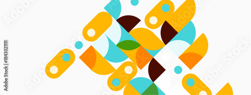 Abstract geometric shapes overlap, creating vibrant composition. Yellows, blues, browns dominate neutral background. Modern design elements present.