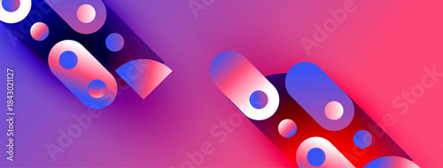 Abstract shapes, vibrant colors, pinks, blues, purples. Modern design, gradient effects, dynamic composition. Smooth transitions, digital art.