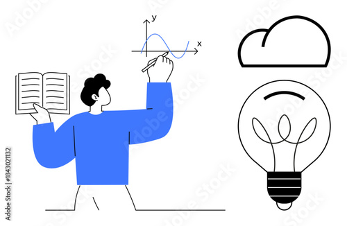 Education, creativity, innovation, data analysis, problem-solving, brainstorming. Person holding a book and writing on a graph with a cloud and lightbulb. Education and creativity concept