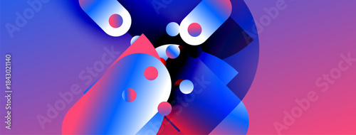 Abstract shapes, vibrant colors blend. Blue, pink, purple gradients create dynamic composition. Modern design, fluid forms suggest movement.