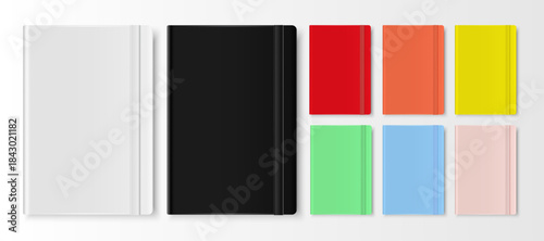 Book Vector 3D Realistic Notebook Set – White, Black, Red, Orange, Yellow, Blue, Green and Purple Closed Blank Paper Copybooks with Elastic Band, Top View Stationery Mockup. Vector.