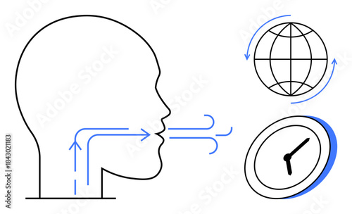 Communication, global interaction, time management, language, efficiency, international exchange. A head profile emitting lines, globe with arrows and a clock. Communication and global interaction