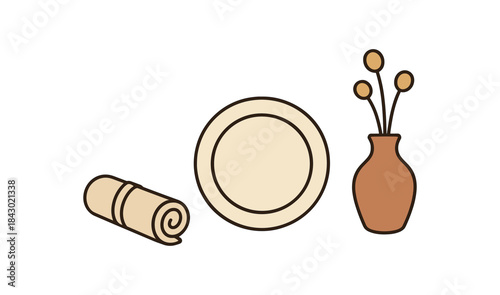 Flat vector illustration of sustainable table setting: cloth napkin roll ceramic plate and dried flowers vase rounded shapes clean outline clean white background