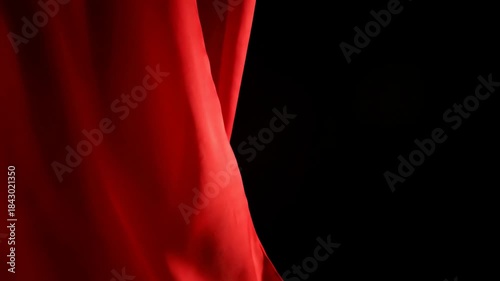 A dramatic red theater curtain sways gently against a solid black background, perfect for an opening or reveal scene.