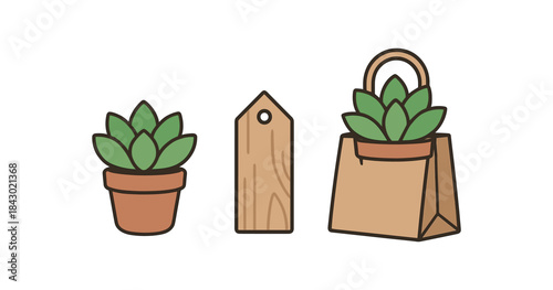 Flat vector illustration of gifting plants: small succulent wooden tag and paper bag rounded shapes clean outline clean white background