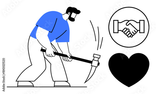 Teamwork concept. Worker using pickaxe visualizes effort, alongside handshake and heart icons teamwork. Teamwork fosters collaboration and compassion for success. Business, labor, charity