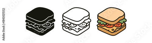 Flat vector illustration sandwiches with simple layers cheese salad and tomato soft rounded silhouettes clean outline one black and white flat version one outline version one color version