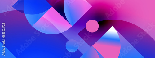 Abstract shapes blend vibrant blues, pinks, purples. Fluid forms create dynamic composition, suggesting movement, energy. Modern design.