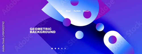 Abstract geometric background. Blue purple gradients, circles, dots create modern design. Navigation menu visible.