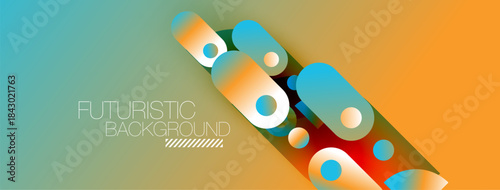 Abstract geometric shapes overlap, creating vibrant color gradients. Modern design features smooth transitions, dynamic composition.