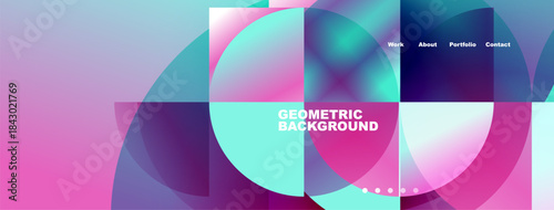 Abstract geometric design. Overlapping circles create vibrant color gradients. Text displays Geometric Background with navigation options above.
