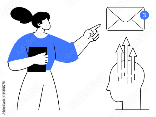 Communication concept. Communication through email notification, woman interacting, and human mind with upward arrows. Communication in technology, business, design, education, and teamwork