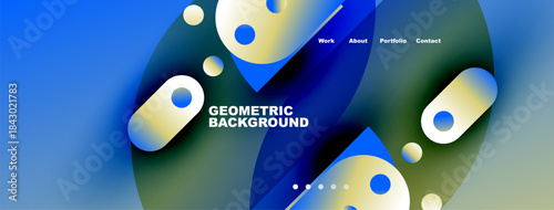 Abstract geometric shapes create vibrant background. Blue, yellow hues dominate design. Navigation menu present at top. Modern aesthetic.