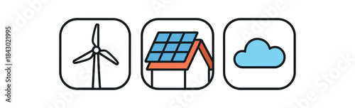 Flat vector illustration of renewable energy for air: wind turbine solar panel on roof and blue sky cloud icon rounded shapes clean outline clean white background