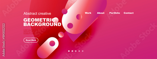 Abstract geometric background design. Pink, purple hues dominate. Text elements present, navigation visible. Modern aesthetic.