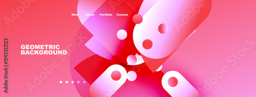 Abstract pink design. Bubbles, circles, gradients create modern visual. Navigation menu present, geometric background visible.