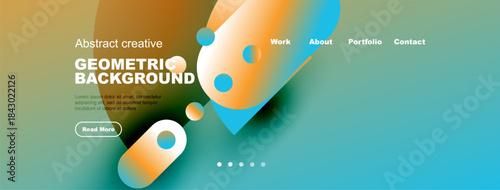 Abstract geometric background design. Vibrant colors, shapes, text elements present. Modern aesthetic suitable for website header.