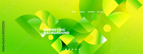 Bright green yellow abstract shapes create dynamic background. Text labels present work, about, portfolio, contact details.