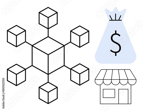 Blockchain structure surrounded by a money bag and storefront icon emphasizing secure financial systems, digital commerce, and decentralized payment networks. Ideal for cryptocurrency, fintech