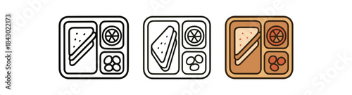 Flat vector illustration sandwich snack boxes with simple compartments soft rounded shapes clean outline one black and white flat version one outline version one color version cozy kitchen