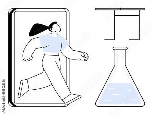 Innovation, experimentation, digital learning, science, virtual education, progress. Person stepping out of a digital device beside a laboratory flask. Innovation and experimentation concepts