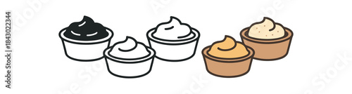 Flat vector illustration simple sauce dishes ketchup mustard and dip soft rounded shapes clean outline one black and white flat version one outline version one color version cozy kitchen