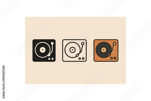  Vinyl record turntable icon set. DJ, music player, retro audio, vintage sound symbol. Flat colored vector illustration.