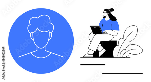User profile. A stylized user profile icon and a woman with a laptop digital concepts. User profiles are essential for online security, personalization, and communication. Perfect for technology