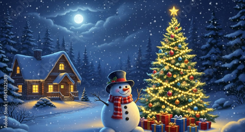 snowman and christmas tree